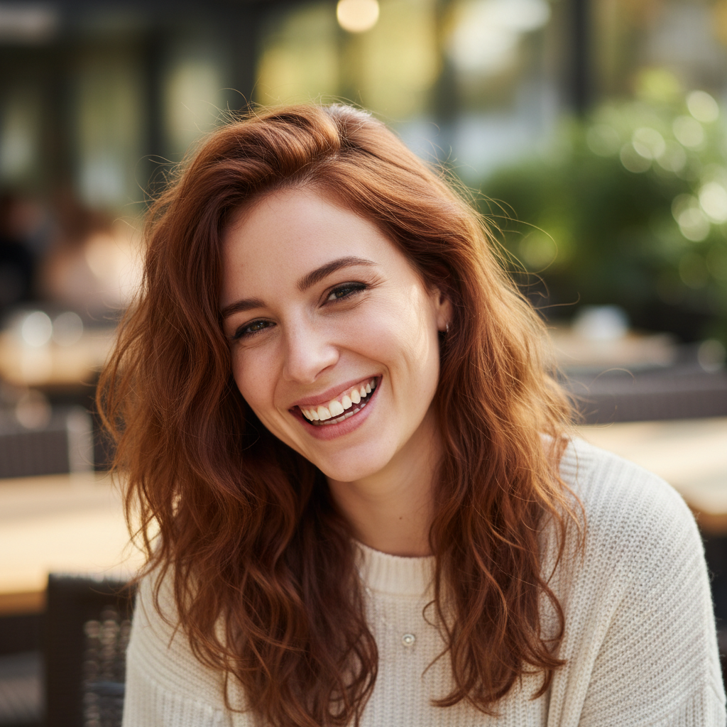 Smiling woman with wavy hair